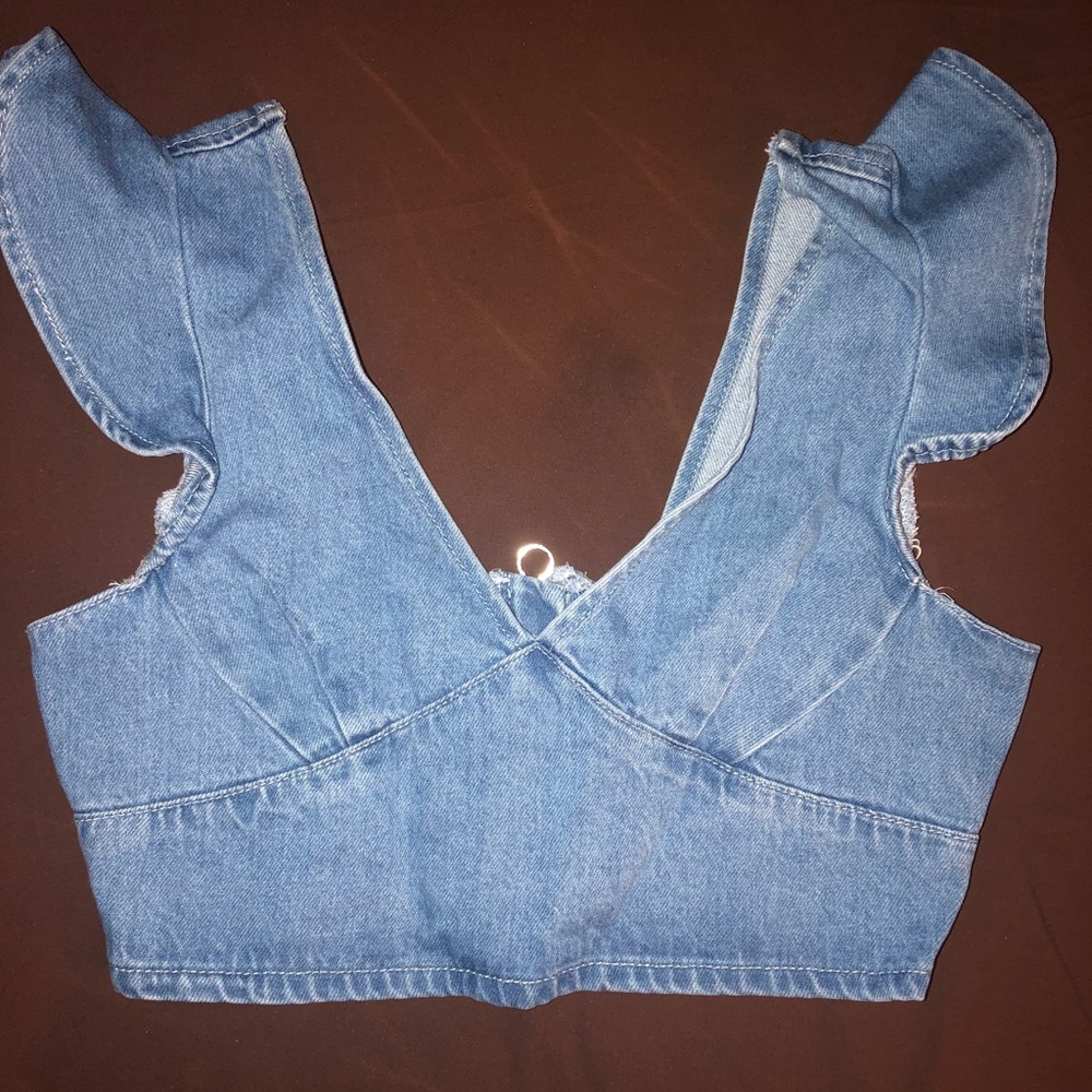 Ruffled Medium Wash Denim Crop Top